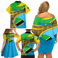 Personalised Tanzania Independence Day Family Matching Off Shoulder Short Dress and Hawaiian Shirt Tanzanian Coat Of Arms African Pattern - Wonder Print Shop