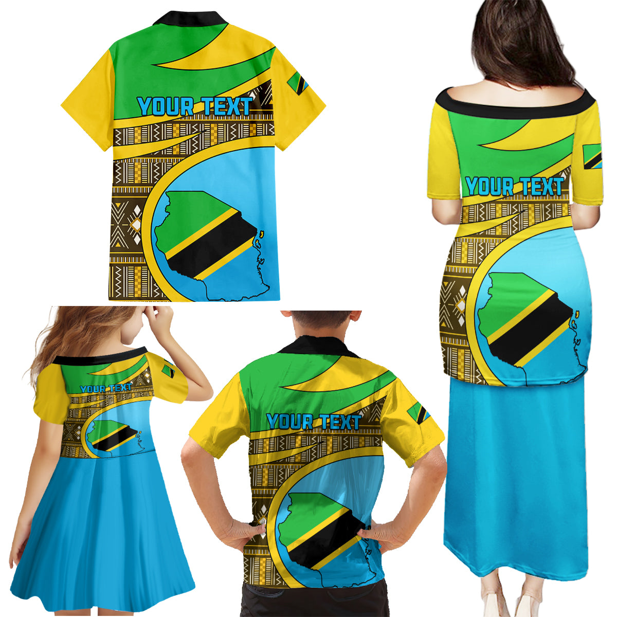 Personalised Tanzania Independence Day Family Matching Puletasi Dress and Hawaiian Shirt Tanzanian Coat Of Arms African Pattern - Wonder Print Shop
