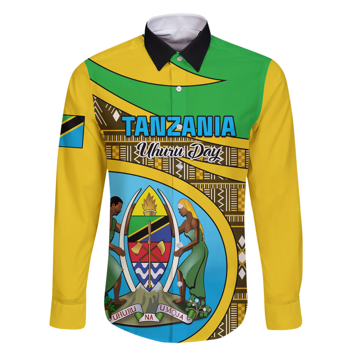 Personalised Tanzania Independence Day Family Matching Short Sleeve Bodycon Dress and Hawaiian Shirt Tanzanian Coat Of Arms African Pattern - Wonder Print Shop