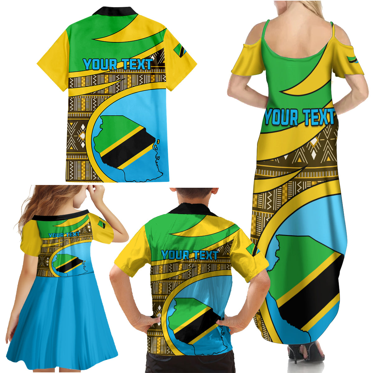 Personalised Tanzania Independence Day Family Matching Summer Maxi Dress and Hawaiian Shirt Tanzanian Coat Of Arms African Pattern - Wonder Print Shop
