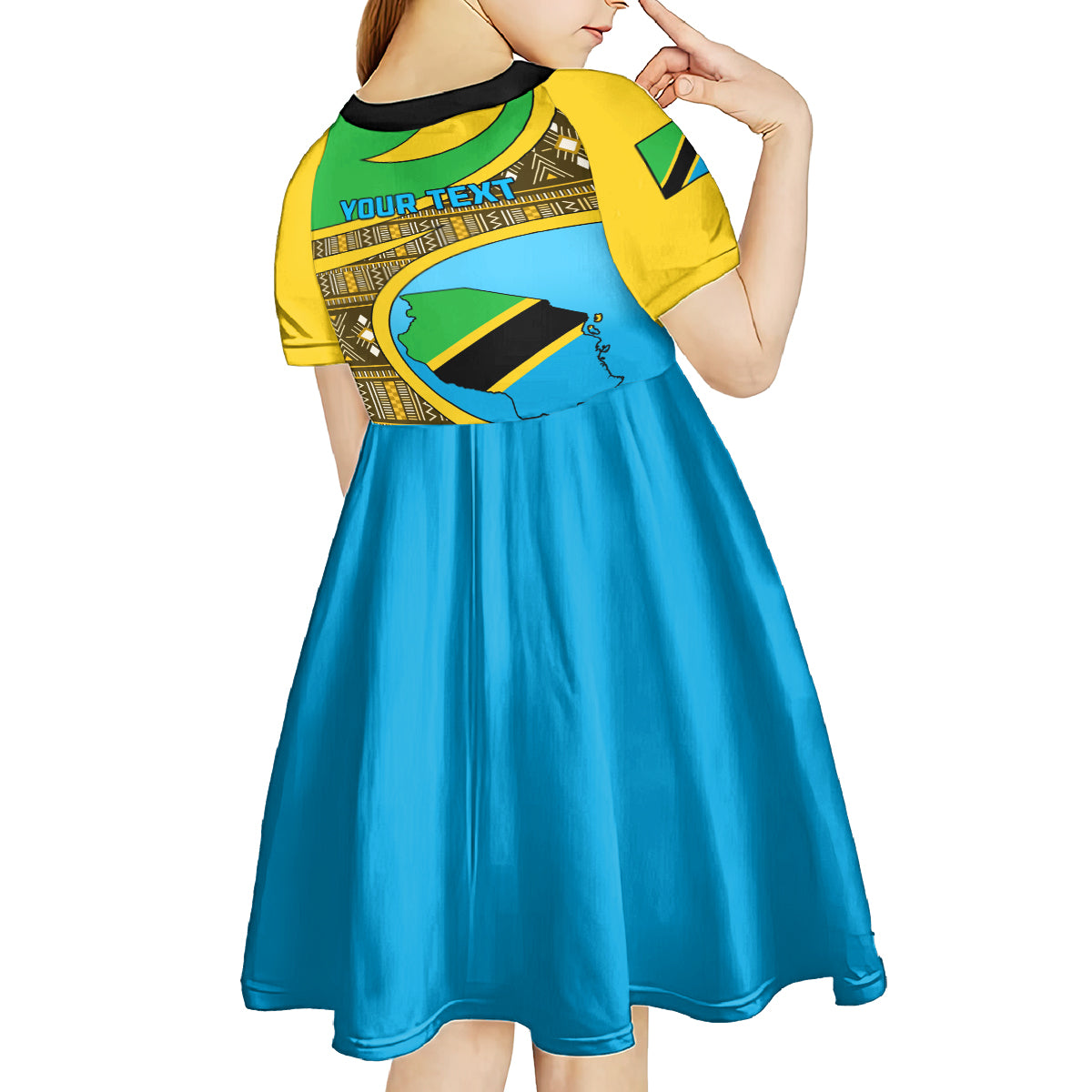 Personalised Tanzania Independence Day Kid Short Sleeve Dress Tanzanian Coat Of Arms African Pattern - Wonder Print Shop