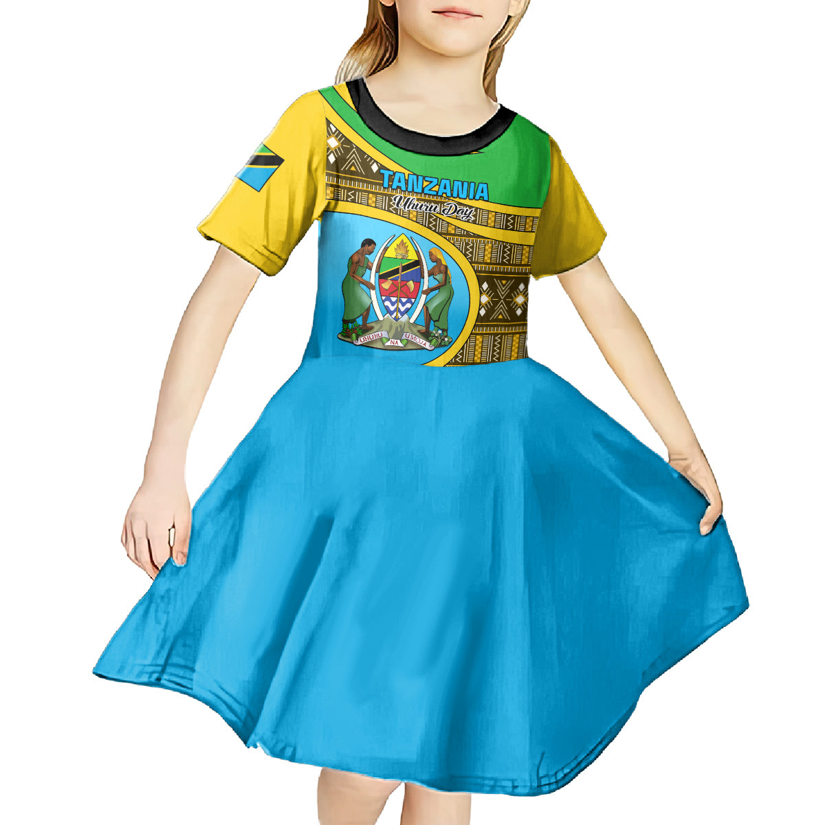 Personalised Tanzania Independence Day Kid Short Sleeve Dress Tanzanian Coat Of Arms African Pattern - Wonder Print Shop