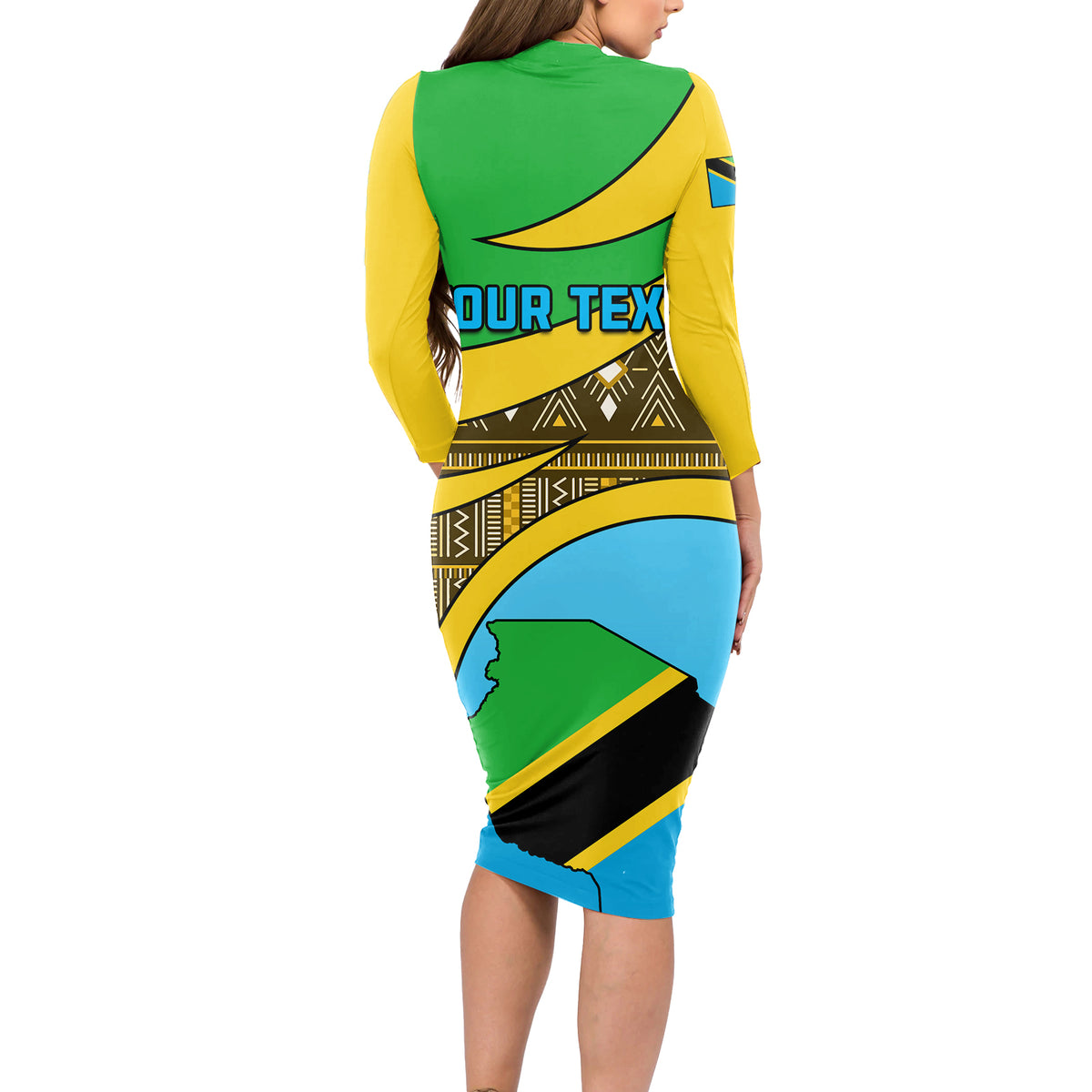 Personalised Tanzania Independence Day Long Sleeve Bodycon Dress Tanzanian Coat Of Arms African Pattern - Wonder Print Shop