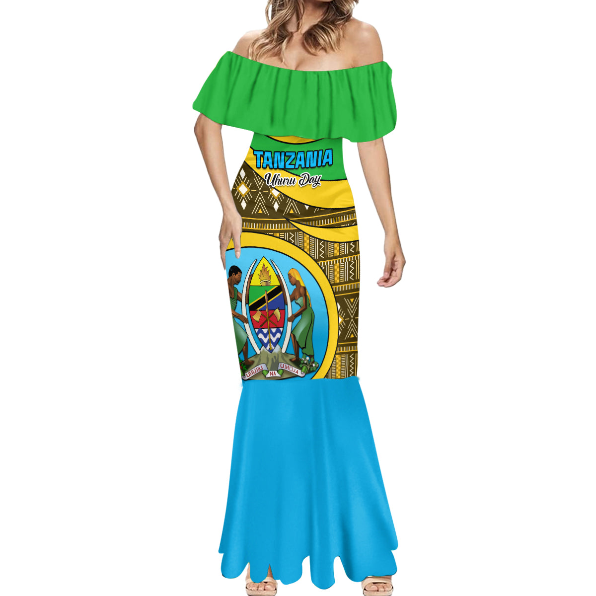 Personalised Tanzania Independence Day Mermaid Dress Tanzanian Coat Of Arms African Pattern - Wonder Print Shop