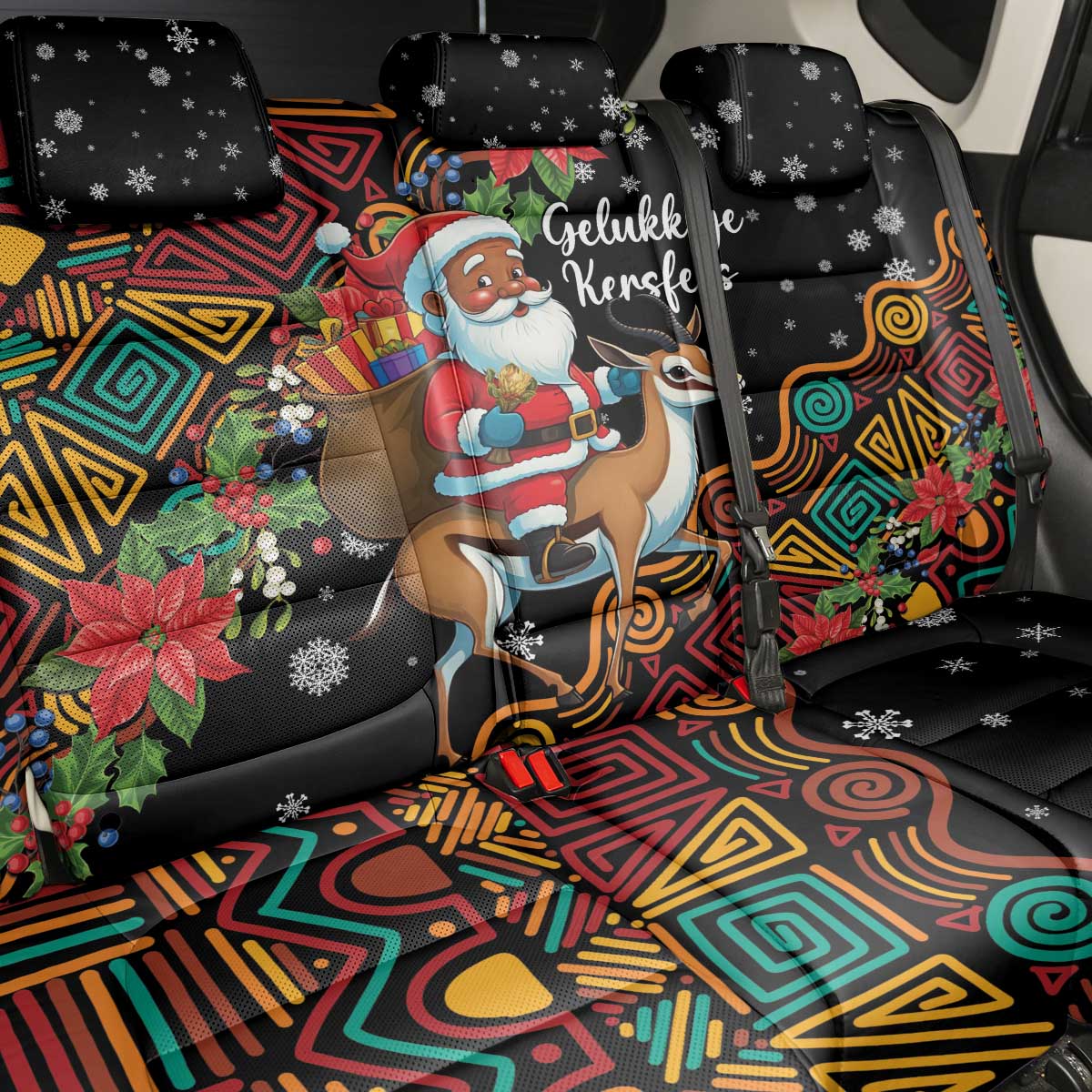 South Africa Christmas Back Car Seat Cover Black Santa Claus Riding Springbok - Wonder Print Shop