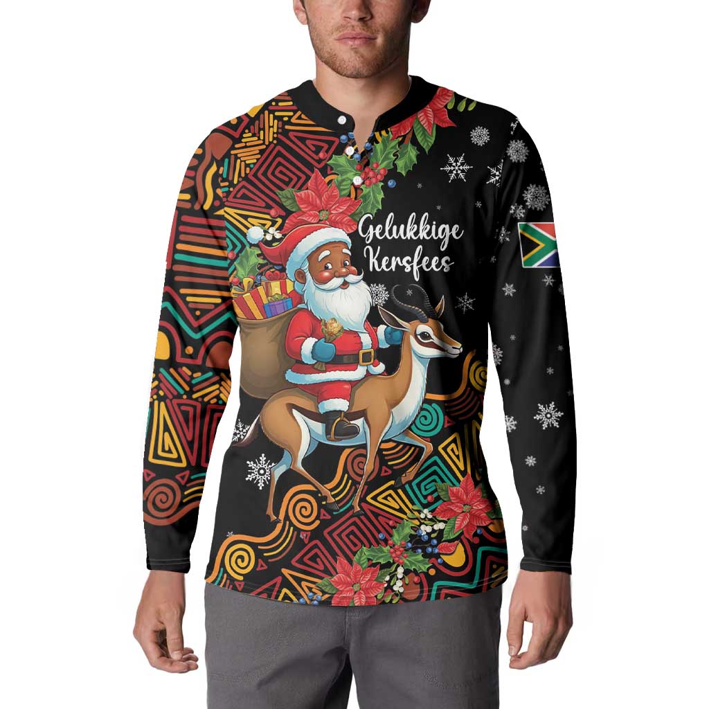 South Africa Christmas Button Sweatshirt Black Santa Claus Riding Springbok - Wonder Print Shop