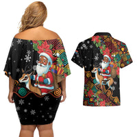 South Africa Christmas Couples Matching Off Shoulder Short Dress and Hawaiian Shirt Black Santa Claus Riding Springbok - Wonder Print Shop