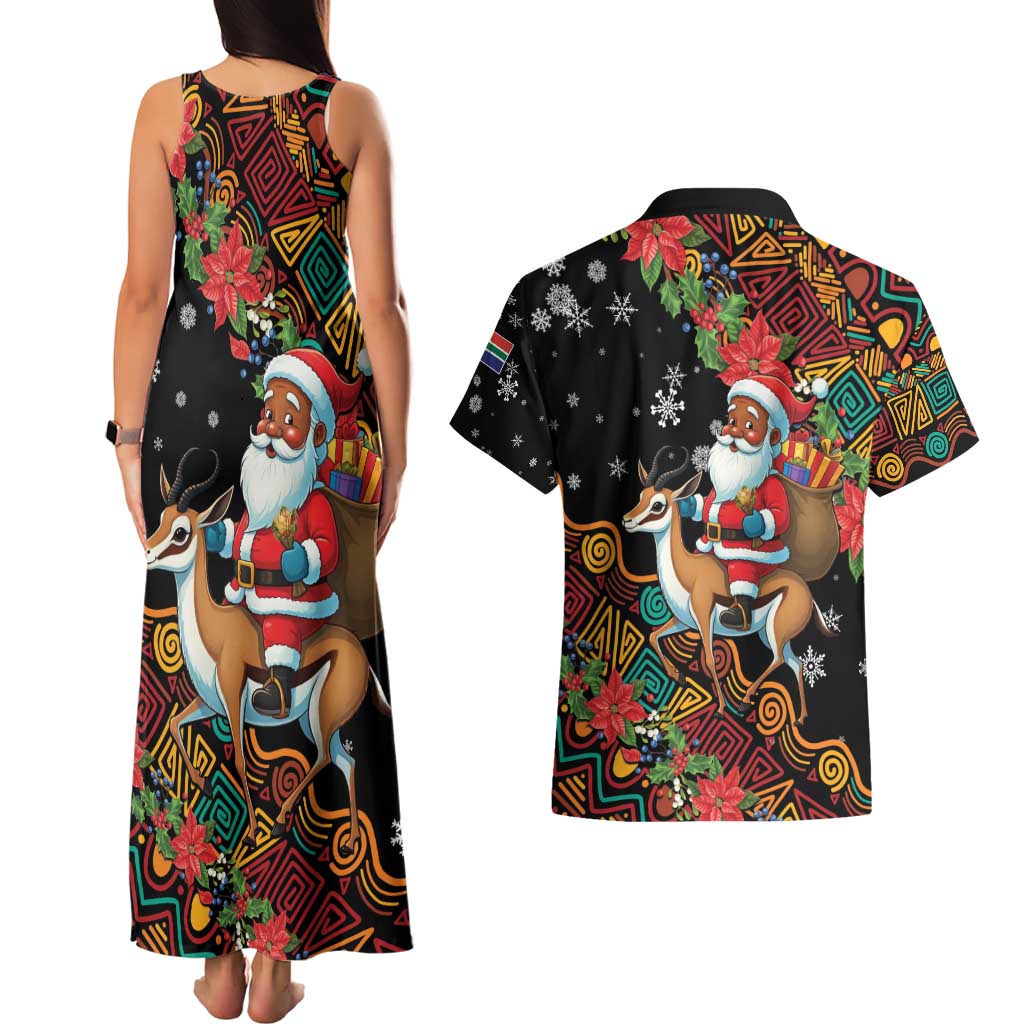 South Africa Christmas Couples Matching Tank Maxi Dress and Hawaiian Shirt Black Santa Claus Riding Springbok - Wonder Print Shop