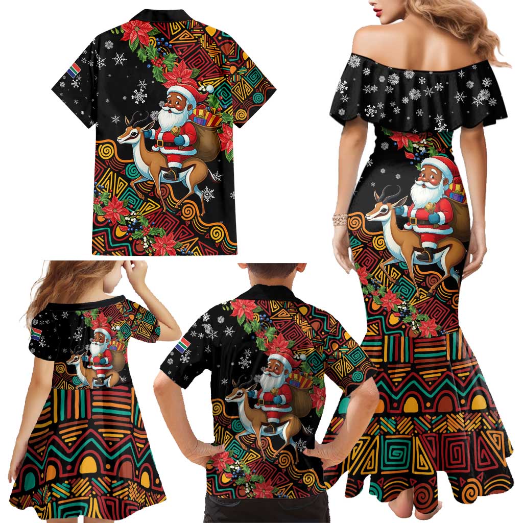 South Africa Christmas Family Matching Mermaid Dress and Hawaiian Shirt Black Santa Claus Riding Springbok - Wonder Print Shop