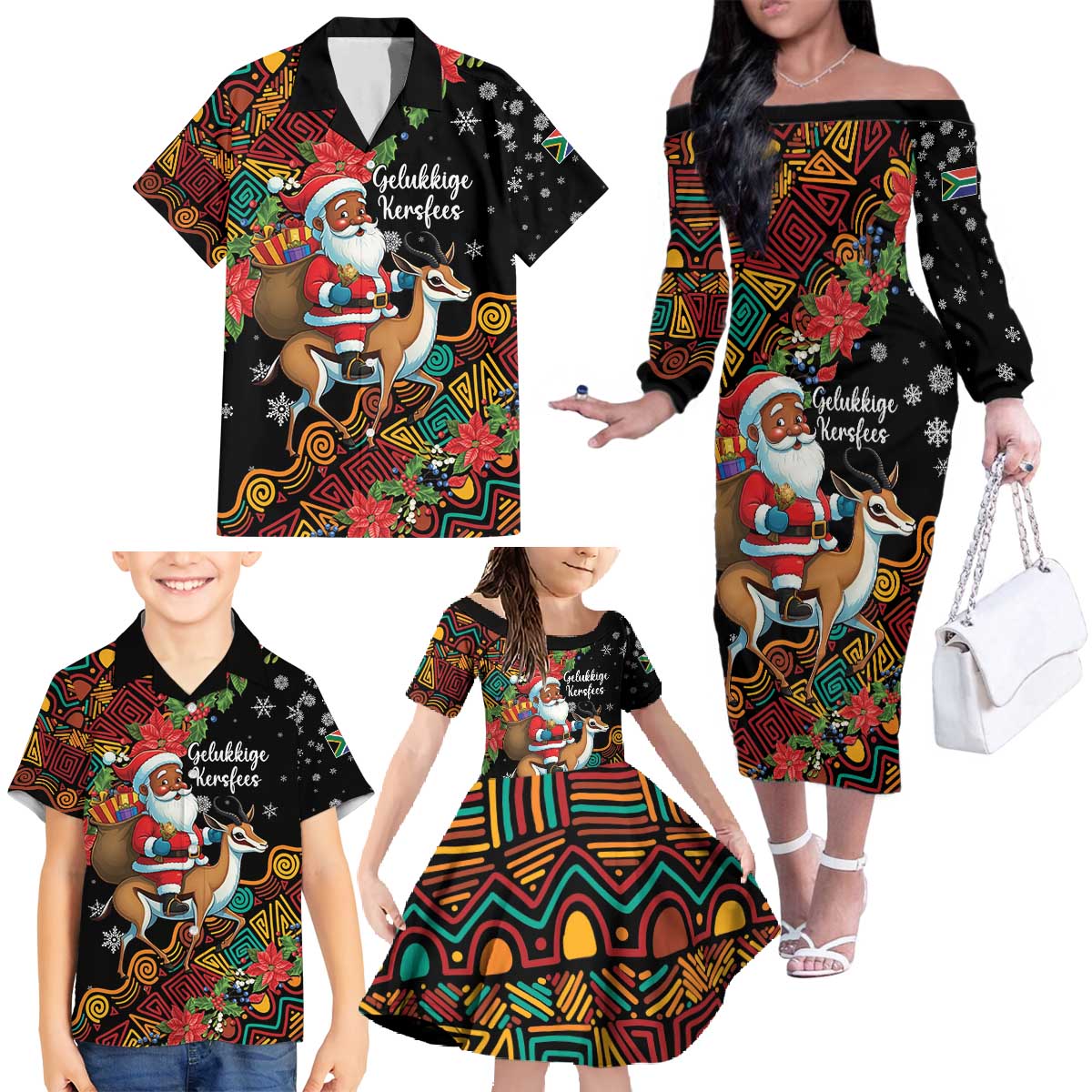 South Africa Christmas Family Matching Off The Shoulder Long Sleeve Dress and Hawaiian Shirt Black Santa Claus Riding Springbok - Wonder Print Shop