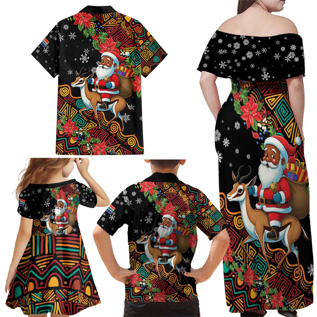 South Africa Christmas Family Matching Off Shoulder Maxi Dress and Hawaiian Shirt Black Santa Claus Riding Springbok - Wonder Print Shop