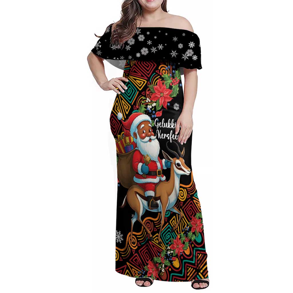 South Africa Christmas Family Matching Off Shoulder Maxi Dress and Hawaiian Shirt Black Santa Claus Riding Springbok - Wonder Print Shop