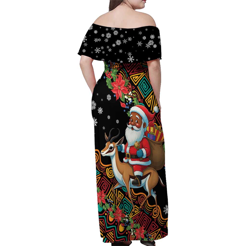 South Africa Christmas Family Matching Off Shoulder Maxi Dress and Hawaiian Shirt Black Santa Claus Riding Springbok - Wonder Print Shop