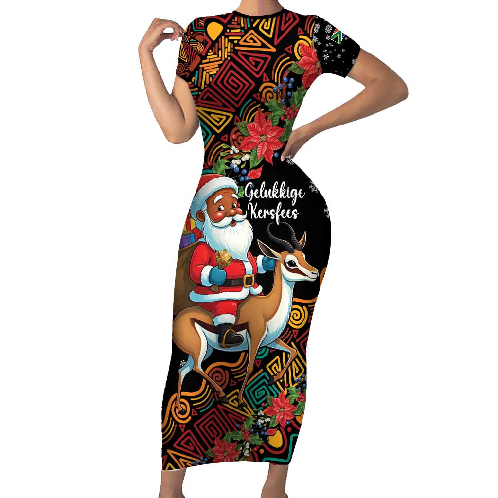 South Africa Christmas Family Matching Short Sleeve Bodycon Dress and Hawaiian Shirt Black Santa Claus Riding Springbok - Wonder Print Shop