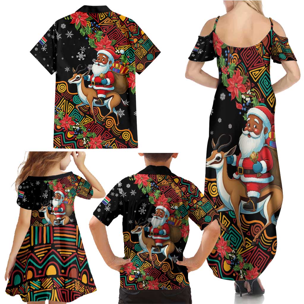 South Africa Christmas Family Matching Summer Maxi Dress and Hawaiian Shirt Black Santa Claus Riding Springbok - Wonder Print Shop