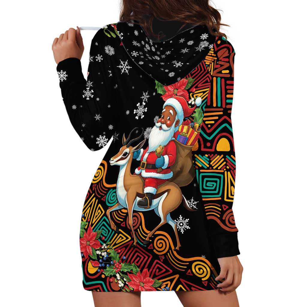 South Africa Christmas Hoodie Dress Black Santa Claus Riding Springbok - Wonder Print Shop