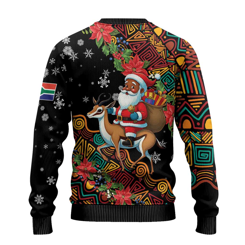 South Africa Christmas Ugly Christmas Sweater Black Santa Claus Riding Springbok - Wonder Print Shop