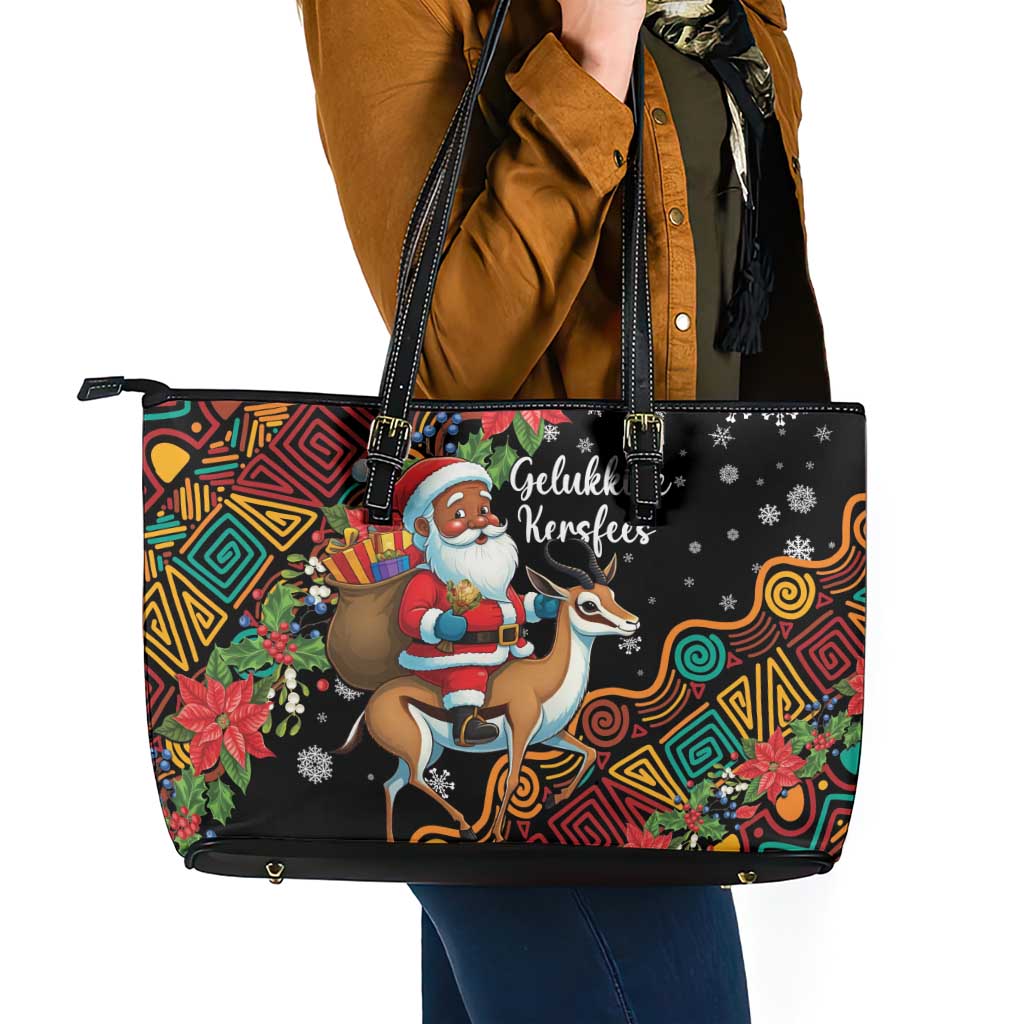 South Africa Christmas Leather Tote Bag Black Santa Claus Riding Springbok - Wonder Print Shop