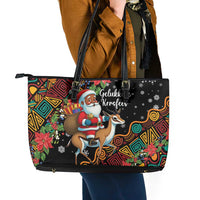 South Africa Christmas Leather Tote Bag Black Santa Claus Riding Springbok - Wonder Print Shop