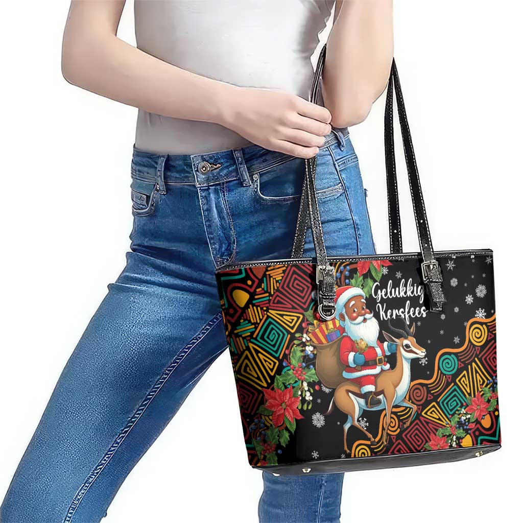 South Africa Christmas Leather Tote Bag Black Santa Claus Riding Springbok - Wonder Print Shop