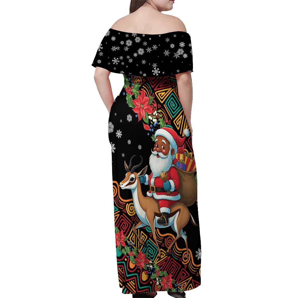 South Africa Christmas Off Shoulder Maxi Dress Black Santa Claus Riding Springbok - Wonder Print Shop