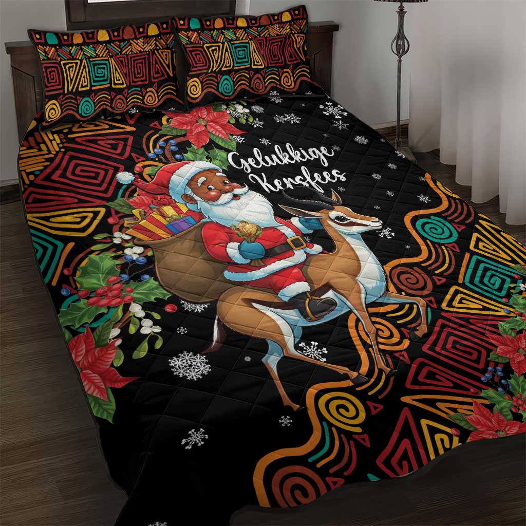 South Africa Christmas Quilt Bed Set Black Santa Claus Riding Springbok - Wonder Print Shop