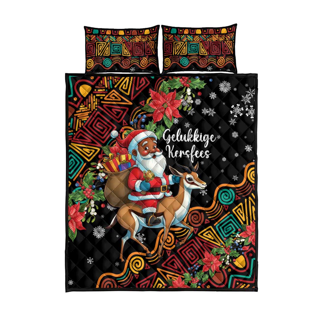 South Africa Christmas Quilt Bed Set Black Santa Claus Riding Springbok - Wonder Print Shop