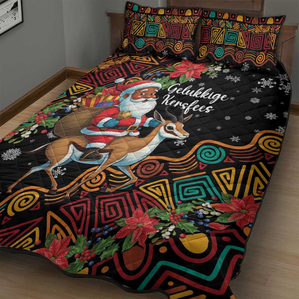 South Africa Christmas Quilt Bed Set Black Santa Claus Riding Springbok - Wonder Print Shop