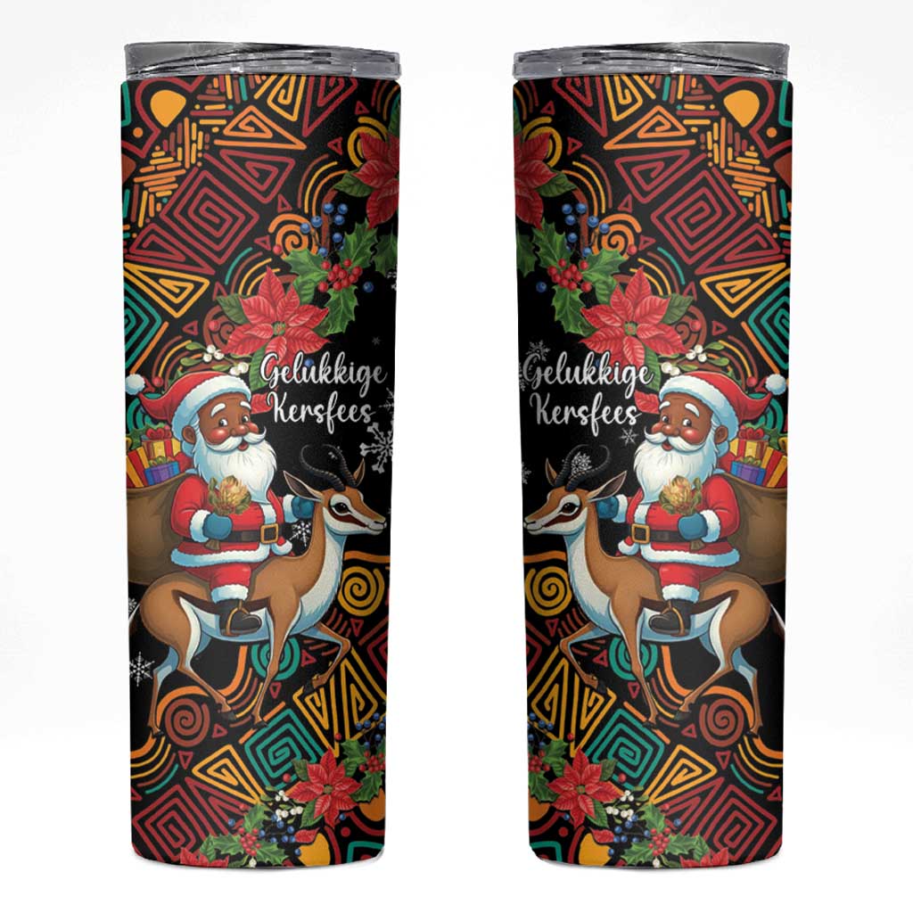 South Africa Christmas Skinny Tumbler Black Santa Claus Riding Springbok - Wonder Print Shop