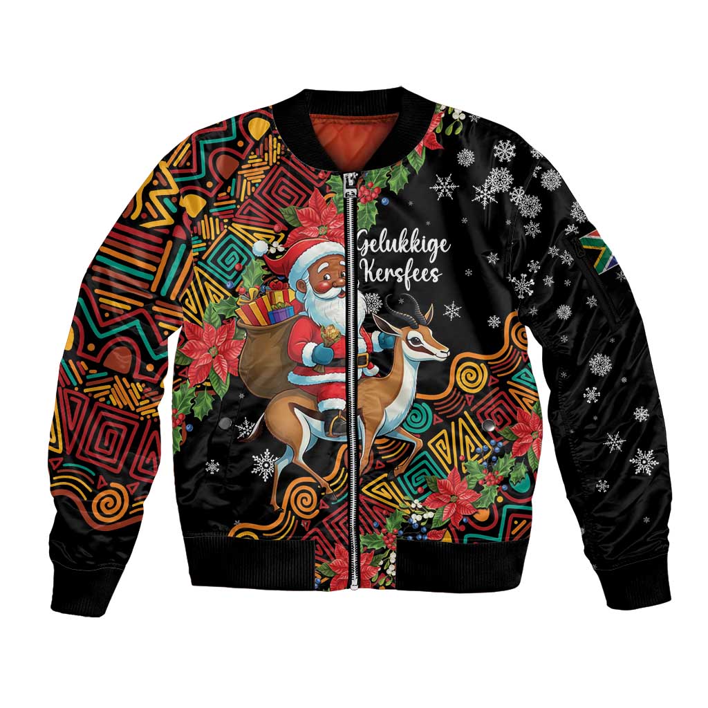 South Africa Christmas Sleeve Zip Bomber Jacket Black Santa Claus Riding Springbok - Wonder Print Shop