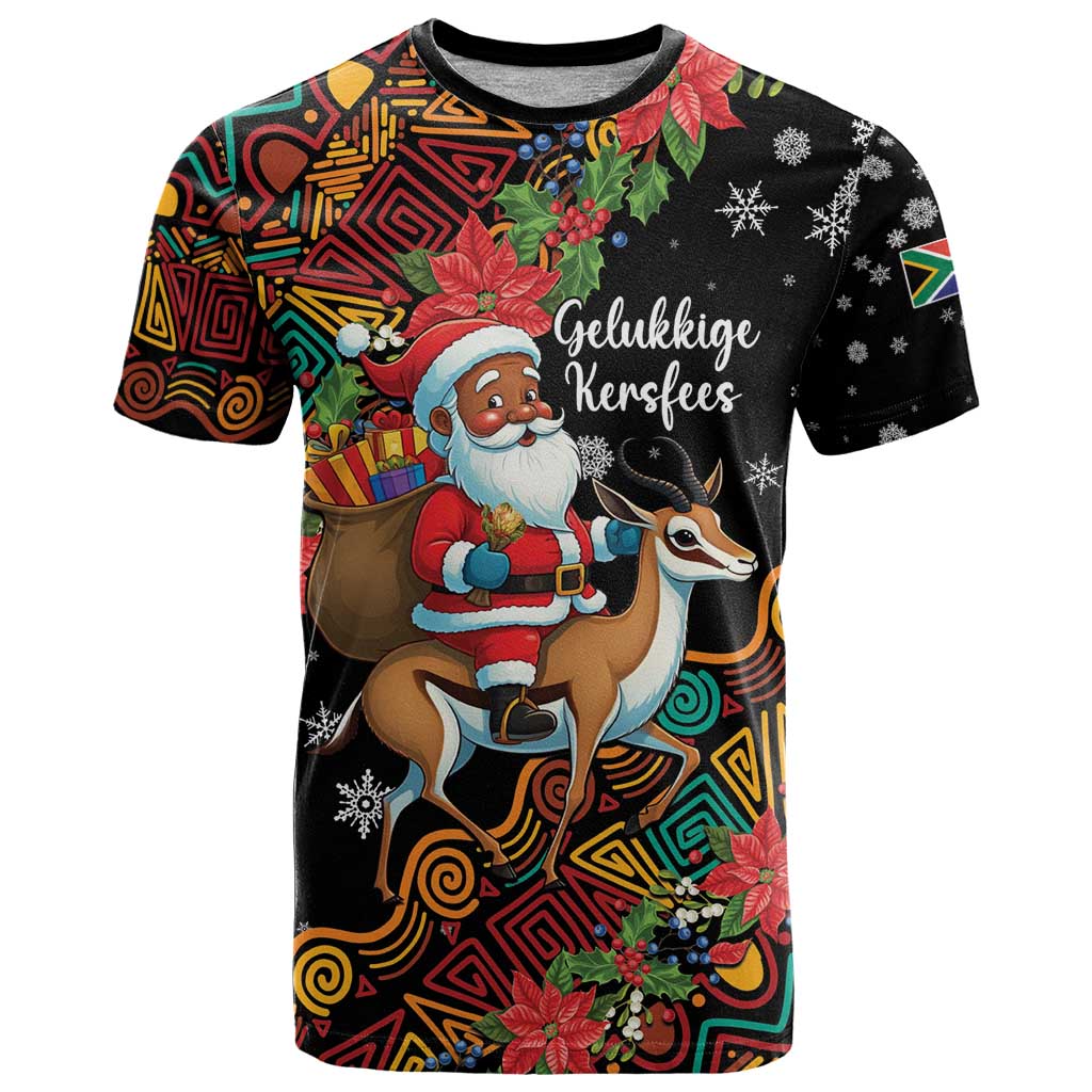 South Africa Christmas T Shirt Black Santa Claus Riding Springbok - Wonder Print Shop