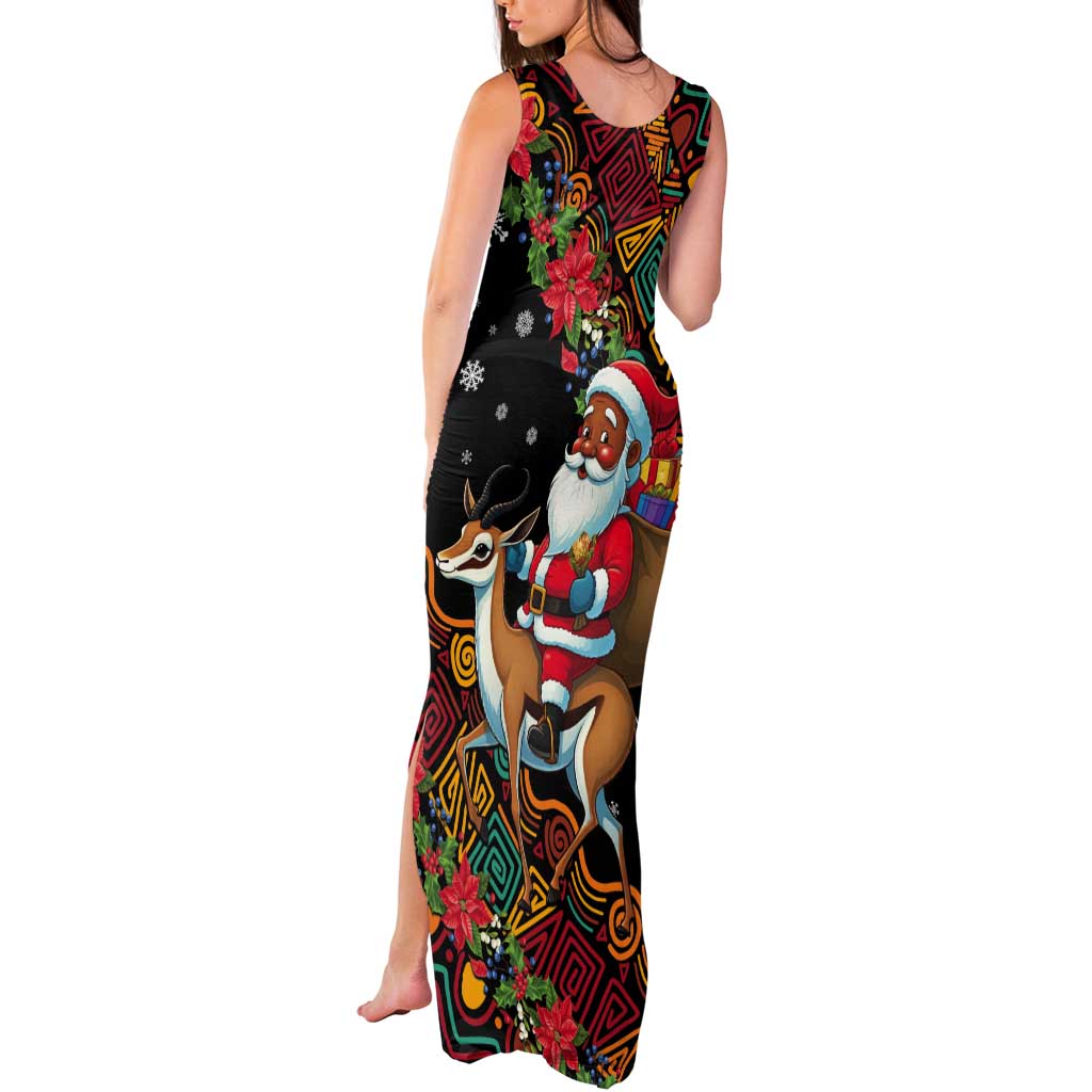 South Africa Christmas Tank Maxi Dress Black Santa Claus Riding Springbok - Wonder Print Shop