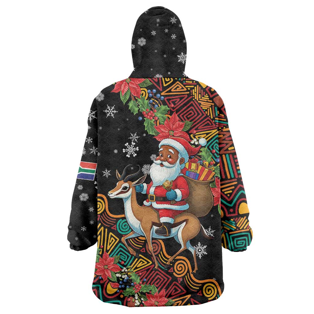 South Africa Christmas Wearable Blanket Hoodie Black Santa Claus Riding Springbok - Wonder Print Shop