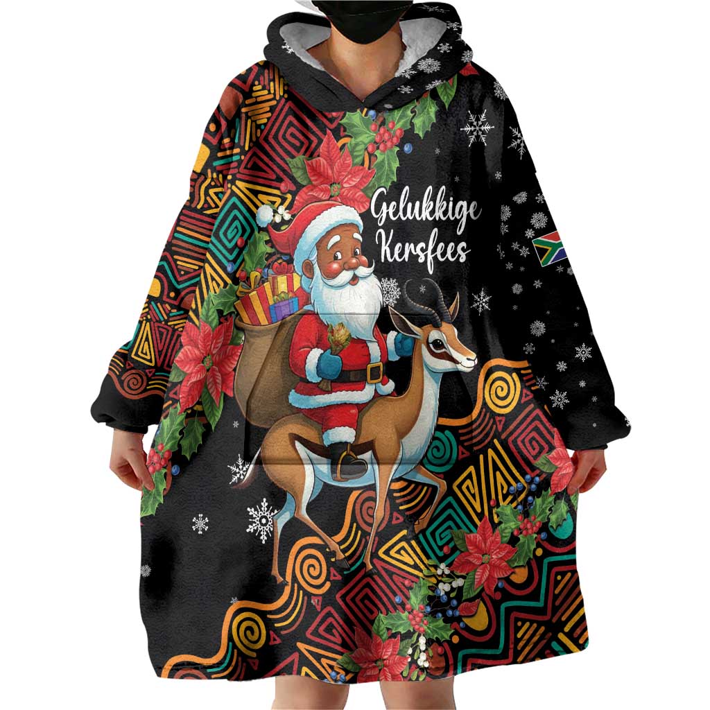 South Africa Christmas Wearable Blanket Hoodie Black Santa Claus Riding Springbok - Wonder Print Shop