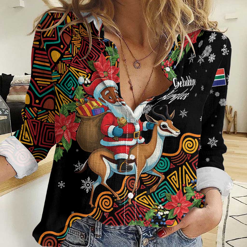 South Africa Christmas Women Casual Shirt Black Santa Claus Riding Springbok - Wonder Print Shop