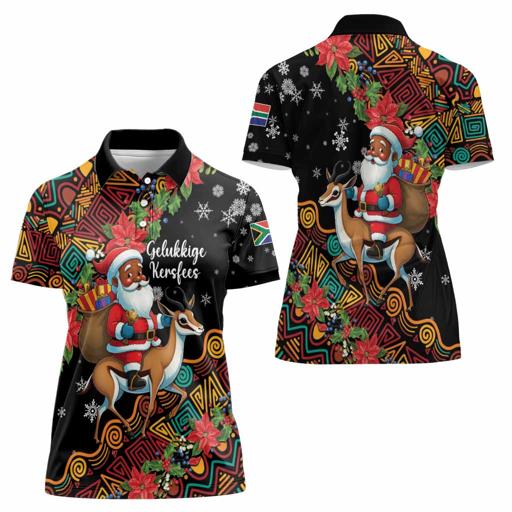 South Africa Christmas Women Polo Shirt Black Santa Claus Riding Springbok - Wonder Print Shop