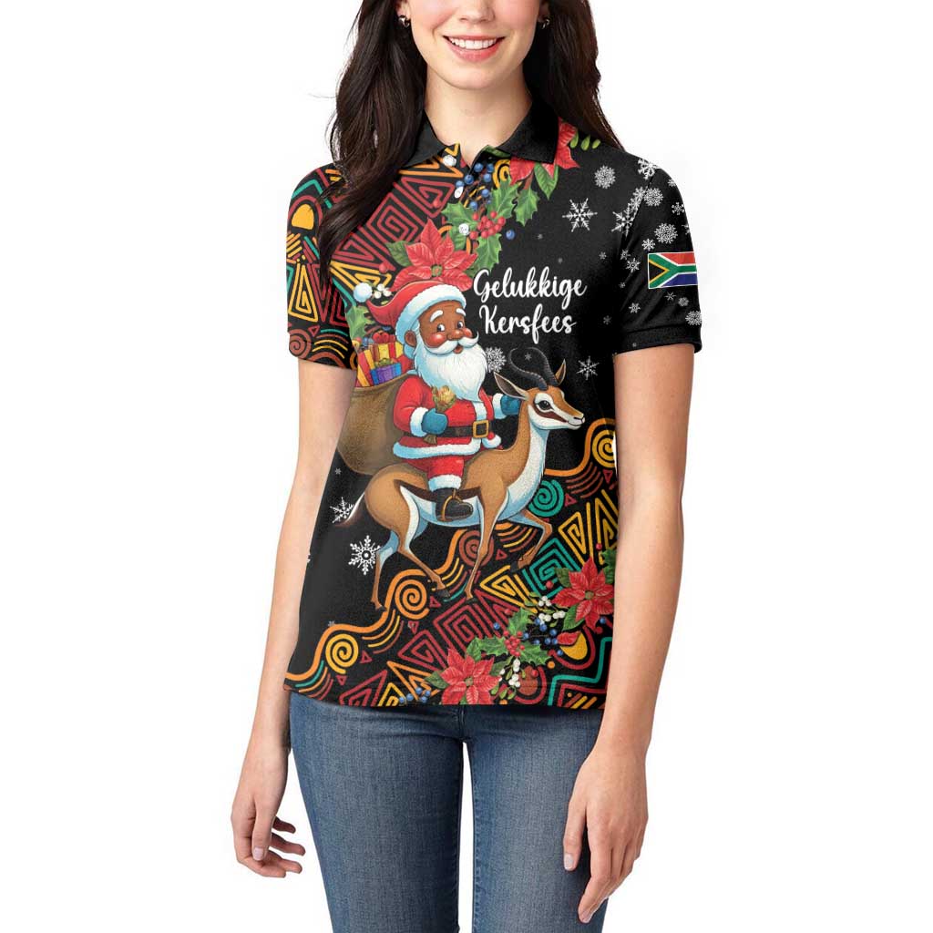 South Africa Christmas Women Polo Shirt Black Santa Claus Riding Springbok - Wonder Print Shop