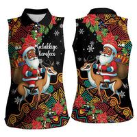 South Africa Christmas Women Sleeveless Polo Shirt Black Santa Claus Riding Springbok - Wonder Print Shop