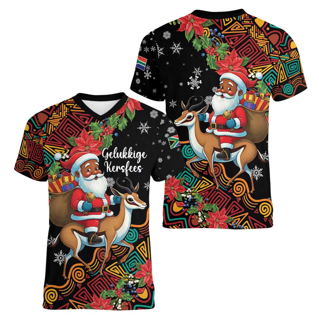 South Africa Christmas Women V-Neck T-Shirt Black Santa Claus Riding Springbok - Wonder Print Shop