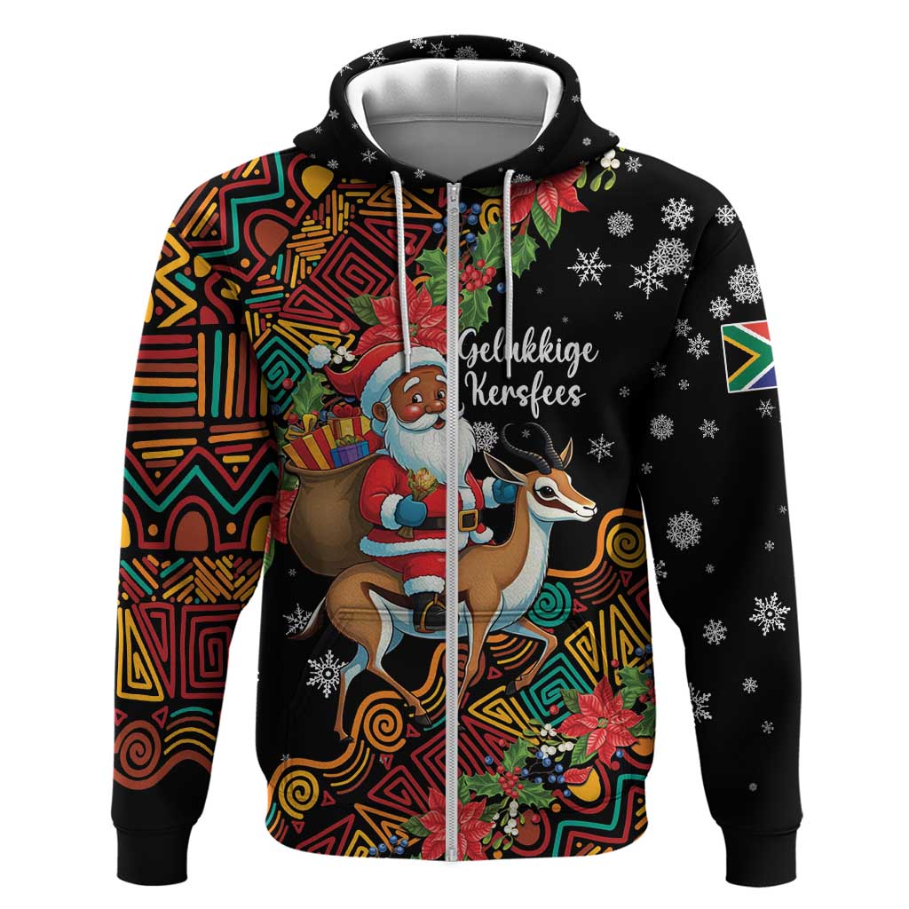 South Africa Christmas Zip Hoodie Black Santa Claus Riding Springbok - Wonder Print Shop