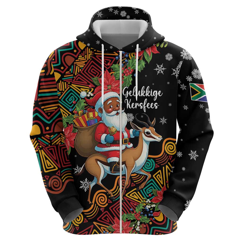 South Africa Christmas Zip Hoodie Black Santa Claus Riding Springbok - Wonder Print Shop