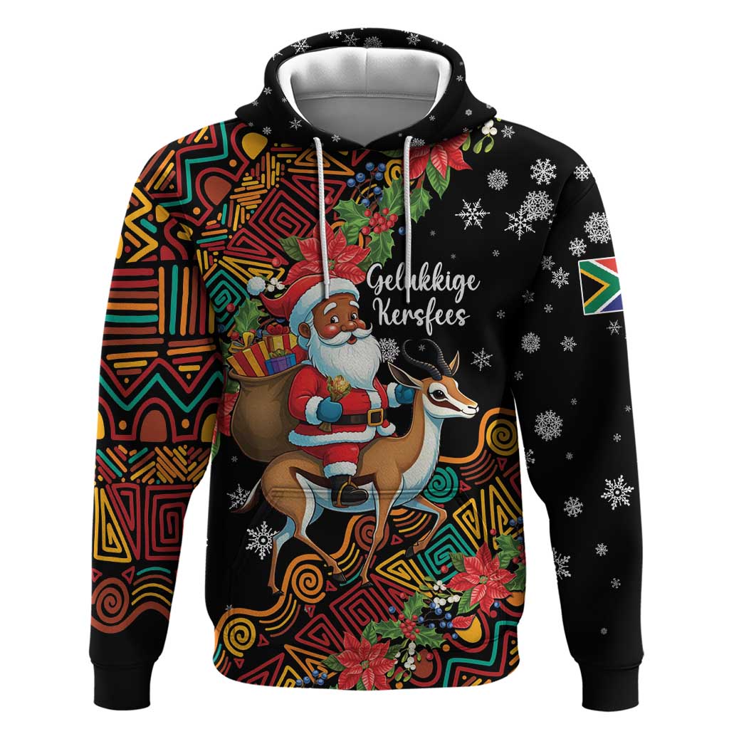 South Africa Christmas Zip Hoodie Black Santa Claus Riding Springbok - Wonder Print Shop