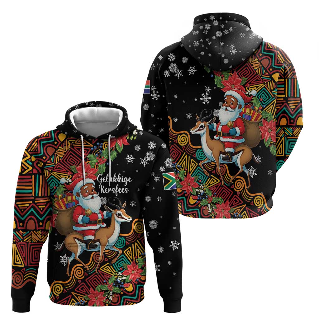 South Africa Christmas Zip Hoodie Black Santa Claus Riding Springbok - Wonder Print Shop