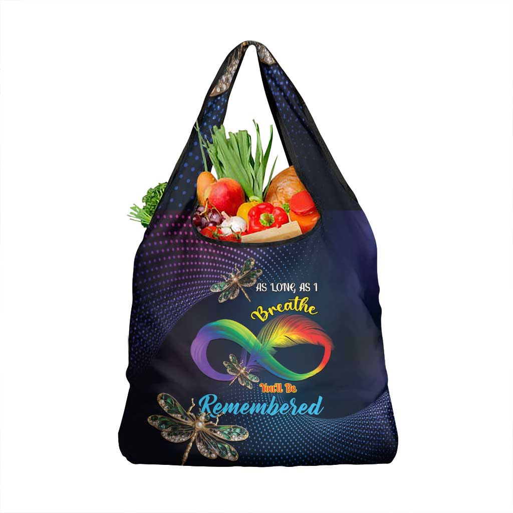 As Long As I Breathe You'll Be Remembered Grocery Bag Feather Infinity Luxury Dragonfly