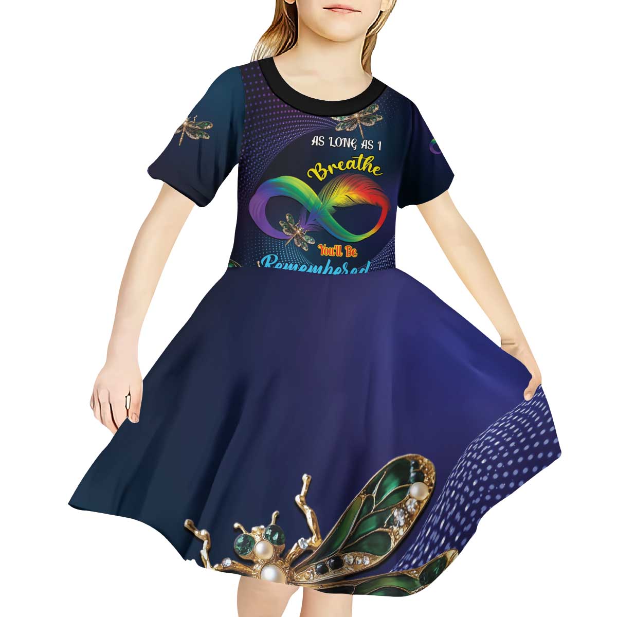 Personalized As Long As I Breathe You'll Be Remembered Kid Short Sleeve Dress Feather Infinity Luxury Dragonfly - Wonder Print Shop