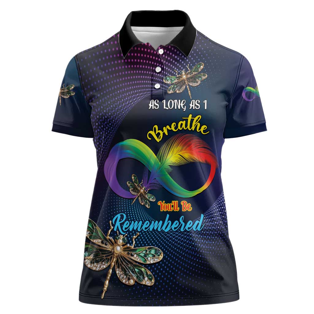Personalized As Long As I Breathe You'll Be Remembered Women Polo Shirt Feather Infinity Luxury Dragonfly - Wonder Print Shop
