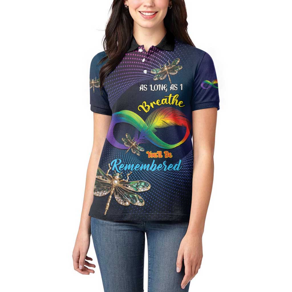 Personalized As Long As I Breathe You'll Be Remembered Women Polo Shirt Feather Infinity Luxury Dragonfly - Wonder Print Shop