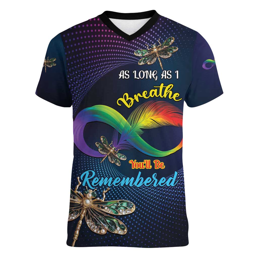 Personalized As Long As I Breathe You'll Be Remembered Women V-Neck T-Shirt Feather Infinity Luxury Dragonfly - Wonder Print Shop