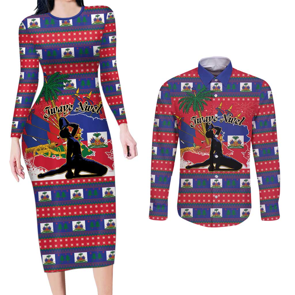 Personalized Ayiti Jwaye Nwel Couples Matching Long Sleeve Bodycon Dress and Long Sleeve Button Shirt Haiti Merry Christmas - Wonder Print Shop