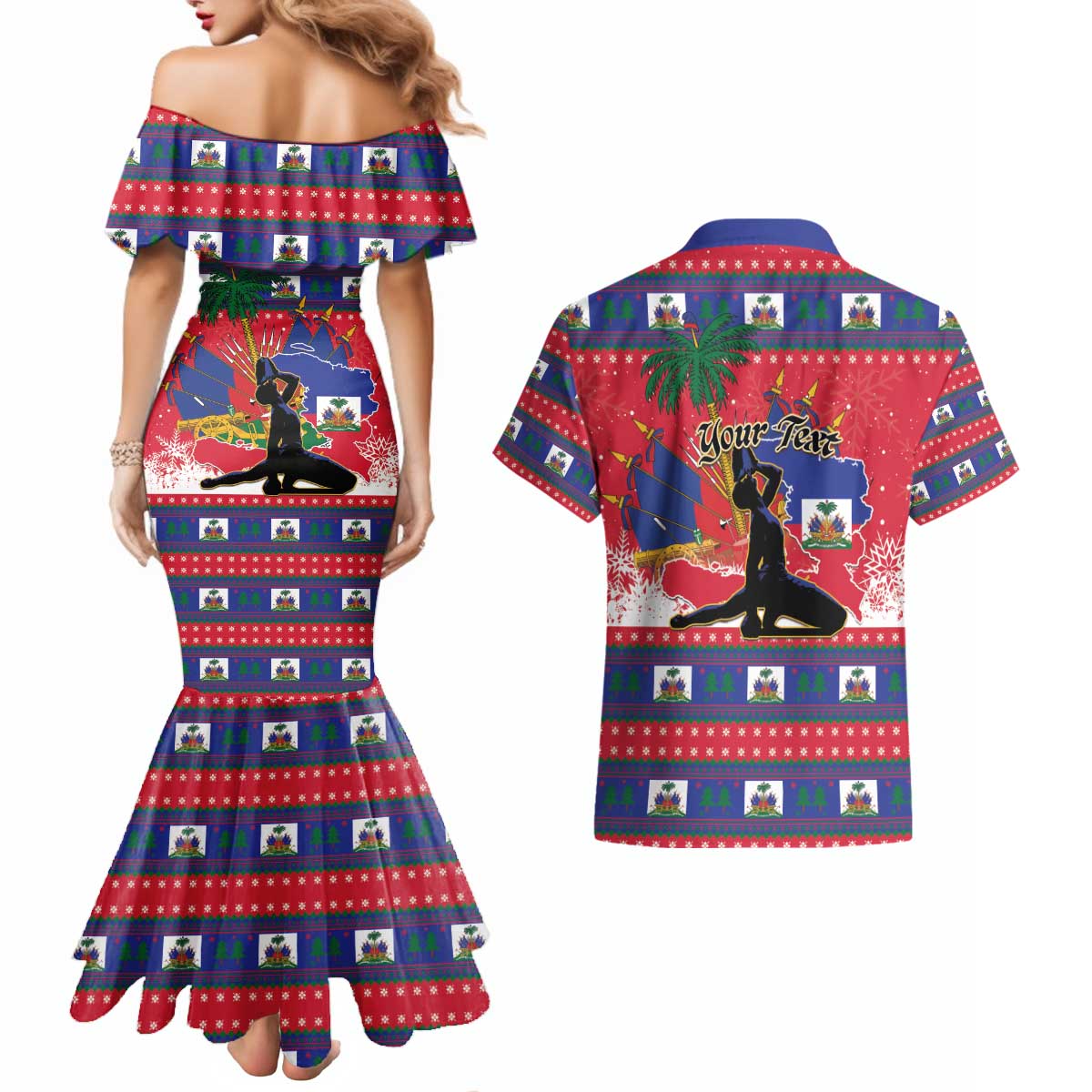 Personalized Ayiti Jwaye Nwel Couples Matching Mermaid Dress and Hawaiian Shirt Haiti Merry Christmas - Wonder Print Shop